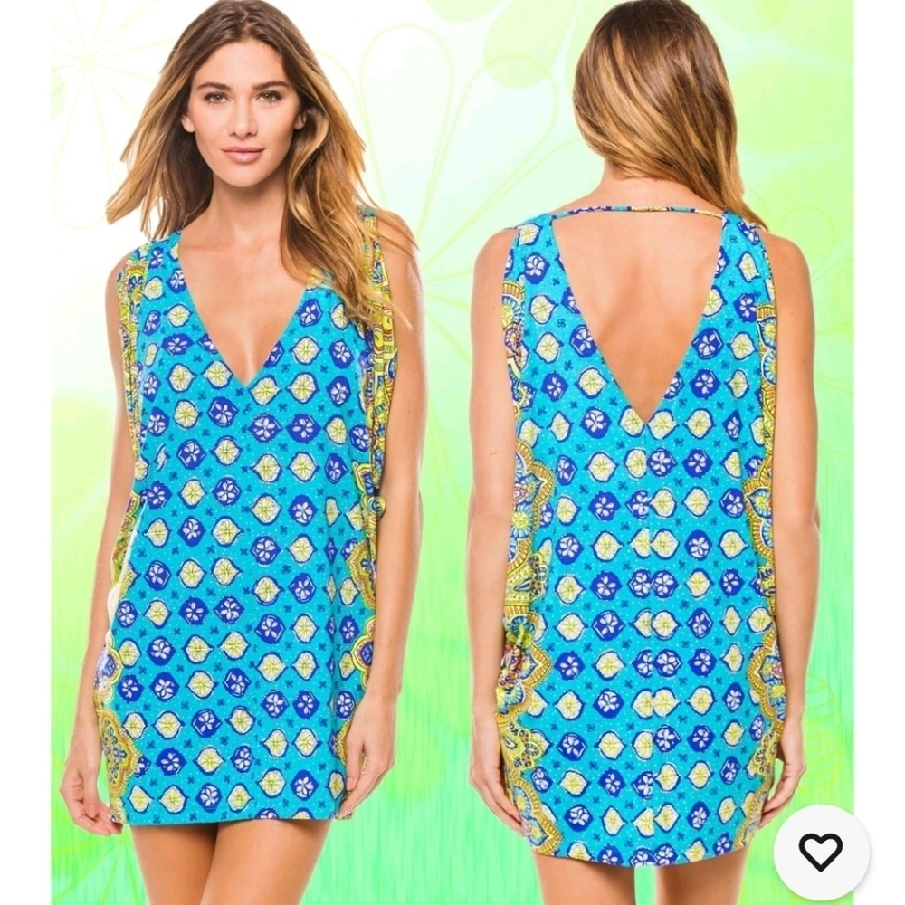 Trina Turk Corsica Turquoise Jersey Swimsuit Cover Up Tunic Caftan Dress M